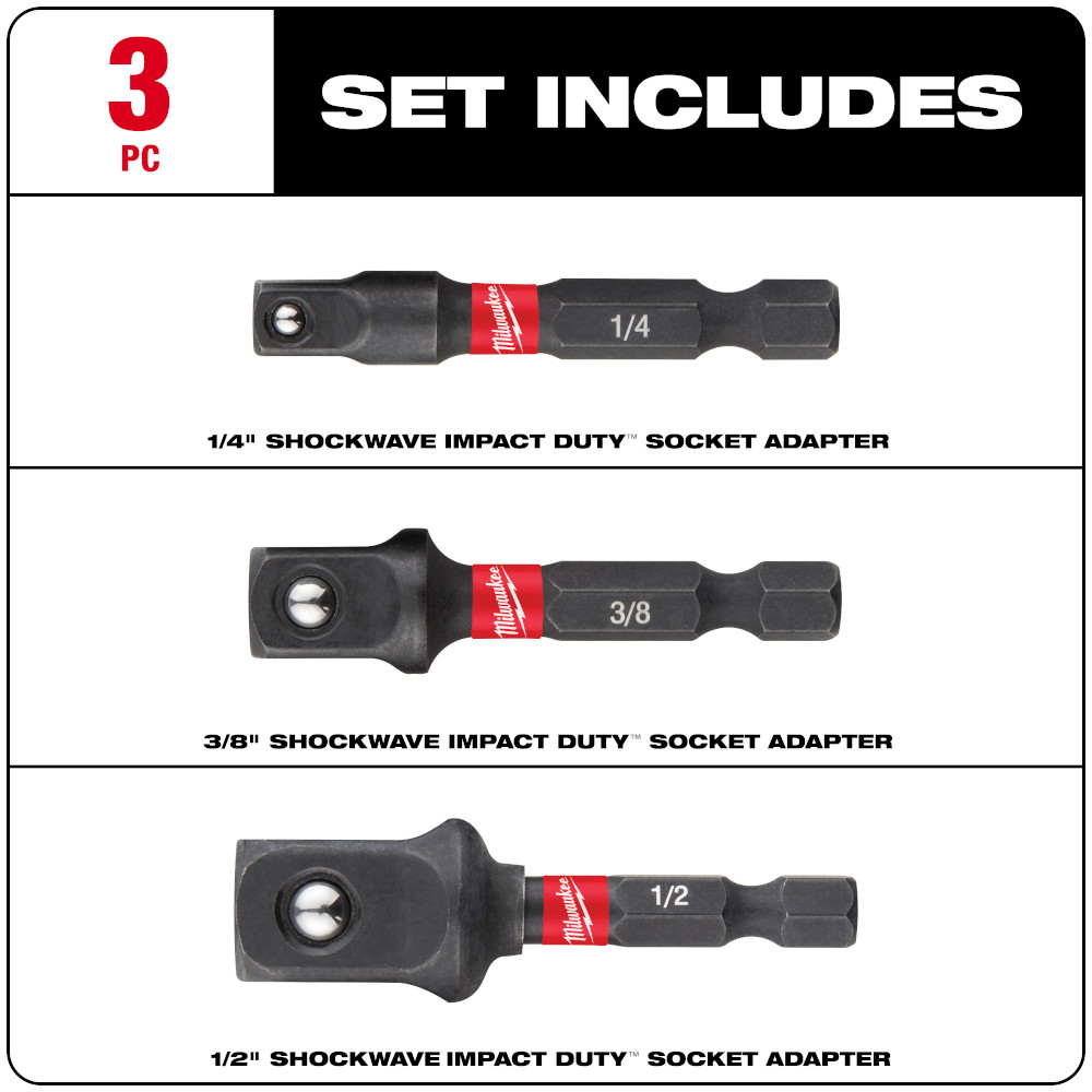 Milwaukee SHOCKWAVE 3 Piece Impact Socket Adapter Set from GME Supply